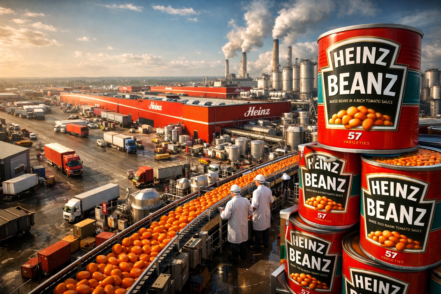 Maior fábrica de alimentos da Europa produz 1 bilhão de latas por ano: planta Heinz de 55 acres processa 1,5 milhão de Heinz Beanz por dia, usa 1.000 toneladas de feijão por semana e recebeu visita da Rainha Elizabeth II