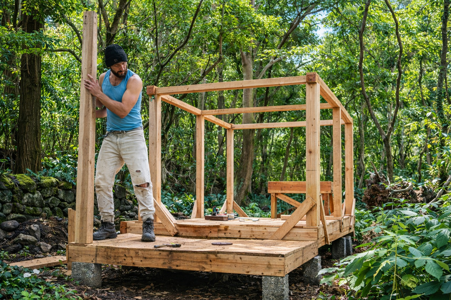 homem constrói uma casa de madeira com energia solar