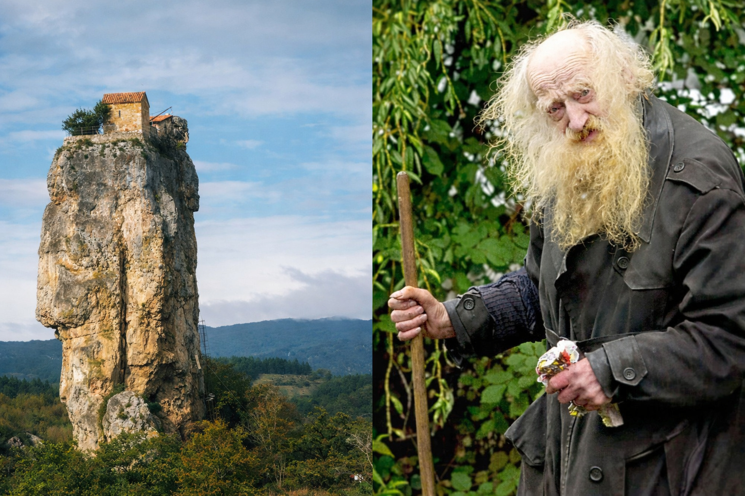 Eremita com longa barba segurando um cajado ao lado de uma formação rochosa alta com pequena casa no topo, simbolizando vida isolada e histórias de eremitas.