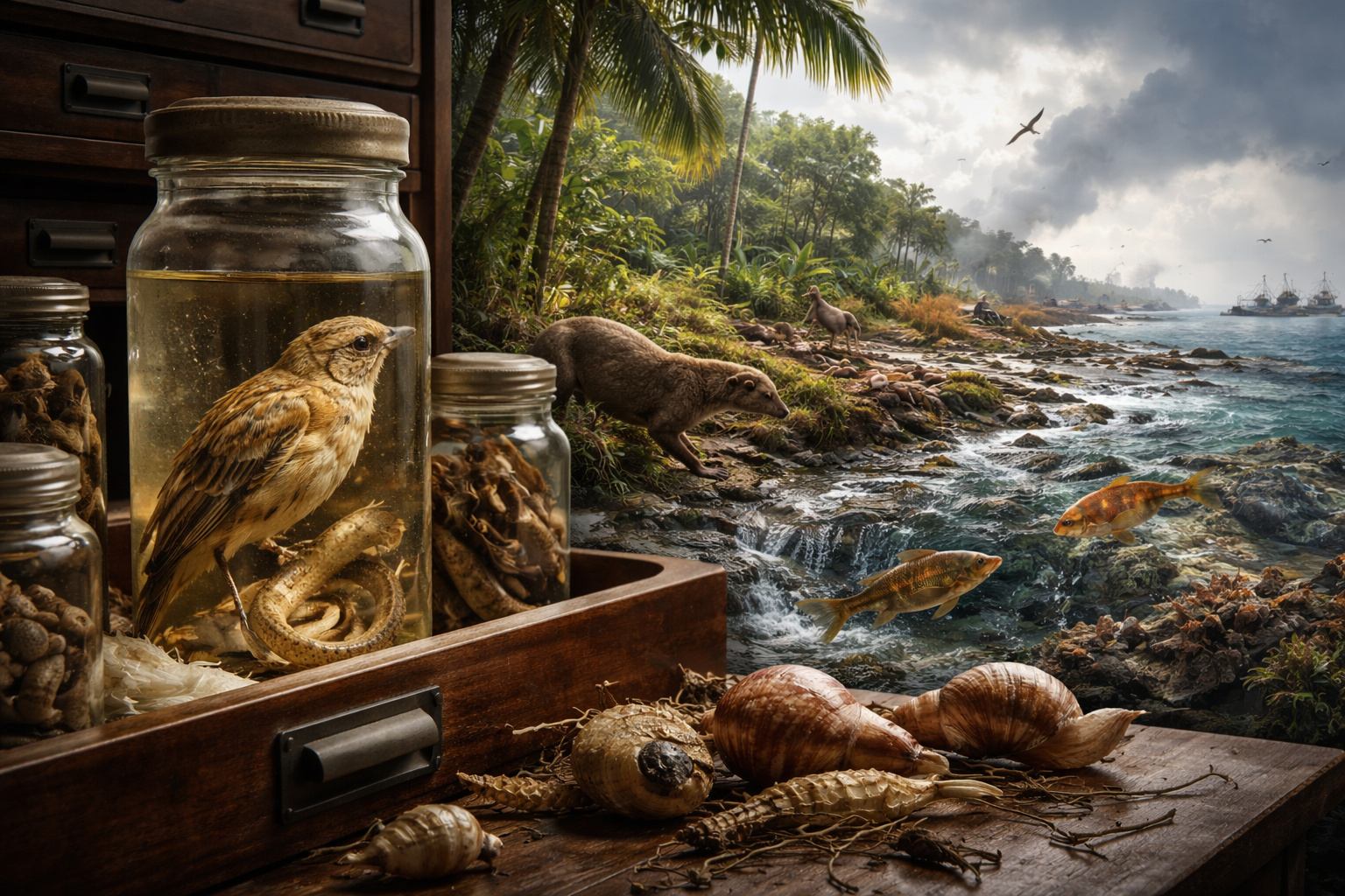 Espécies preservadas em frascos de museu ao lado de cenário costeiro com floresta tropical, peixes e caracóis, representando a uniformização da biodiversidade no Homogenoceno.