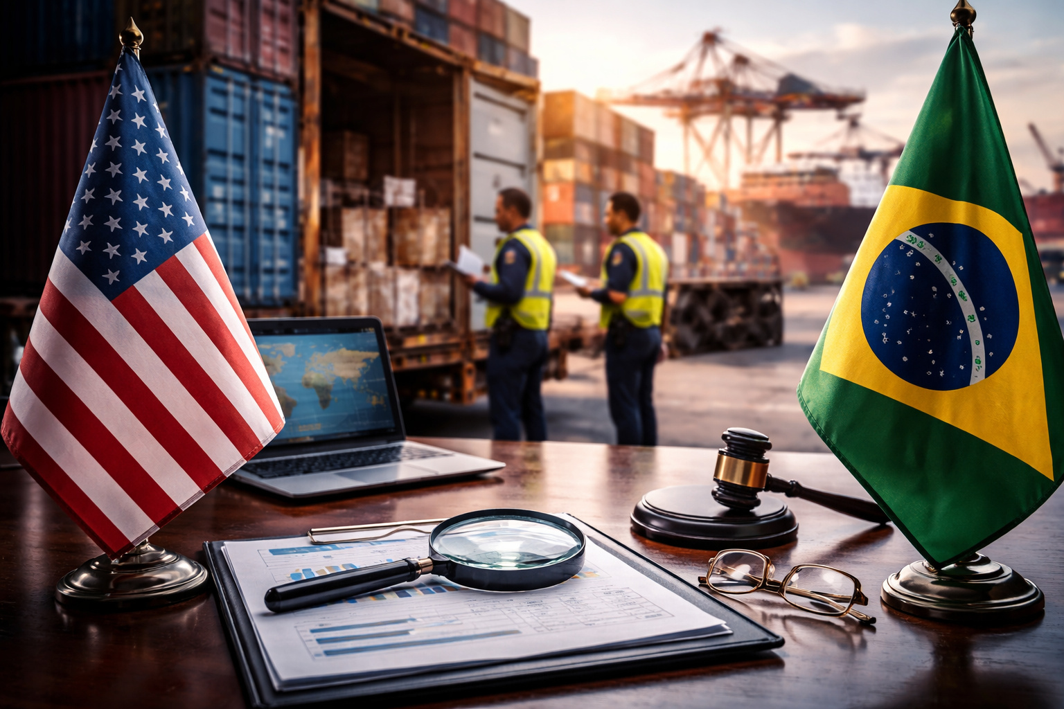 Investigação comercial dos EUA sobre comércio com o Brasil ilustrada por porto com contêineres, bandeiras dos dois países e fiscais inspecionando cargas