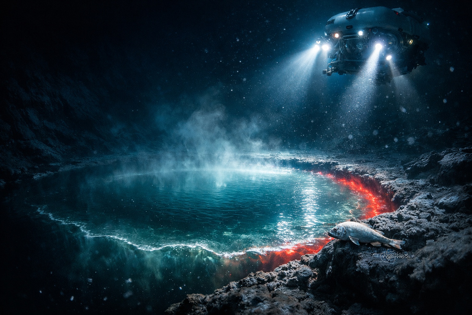 Cientistas descobrem lagos subaquáticos sem oxigênio a 1.770 metros de profundidade no Mar Vermelho, 4,5 vezes mais salgados que a água oceânica, capazes de paralisar e matar organismos que entram, mas que preservam 1.200 anos de registros de tsunamis e abrigam bactérias com potencial anticâncer