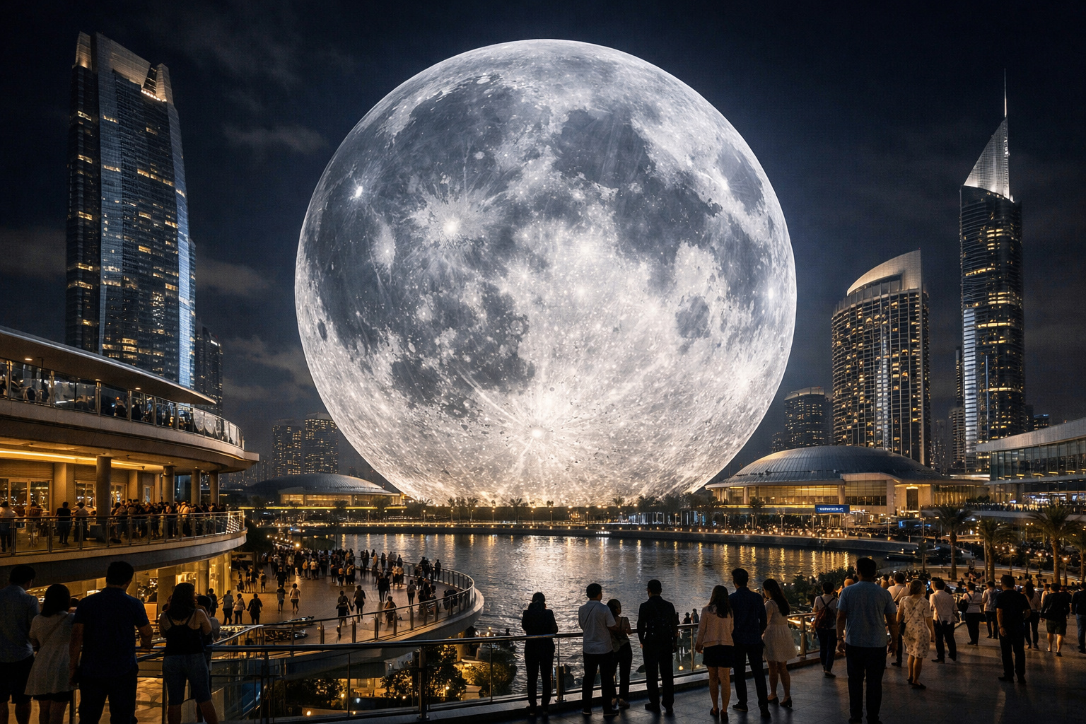Projeto Moon World Resorts com Lua artificial gigante e complexo turístico futurista.
