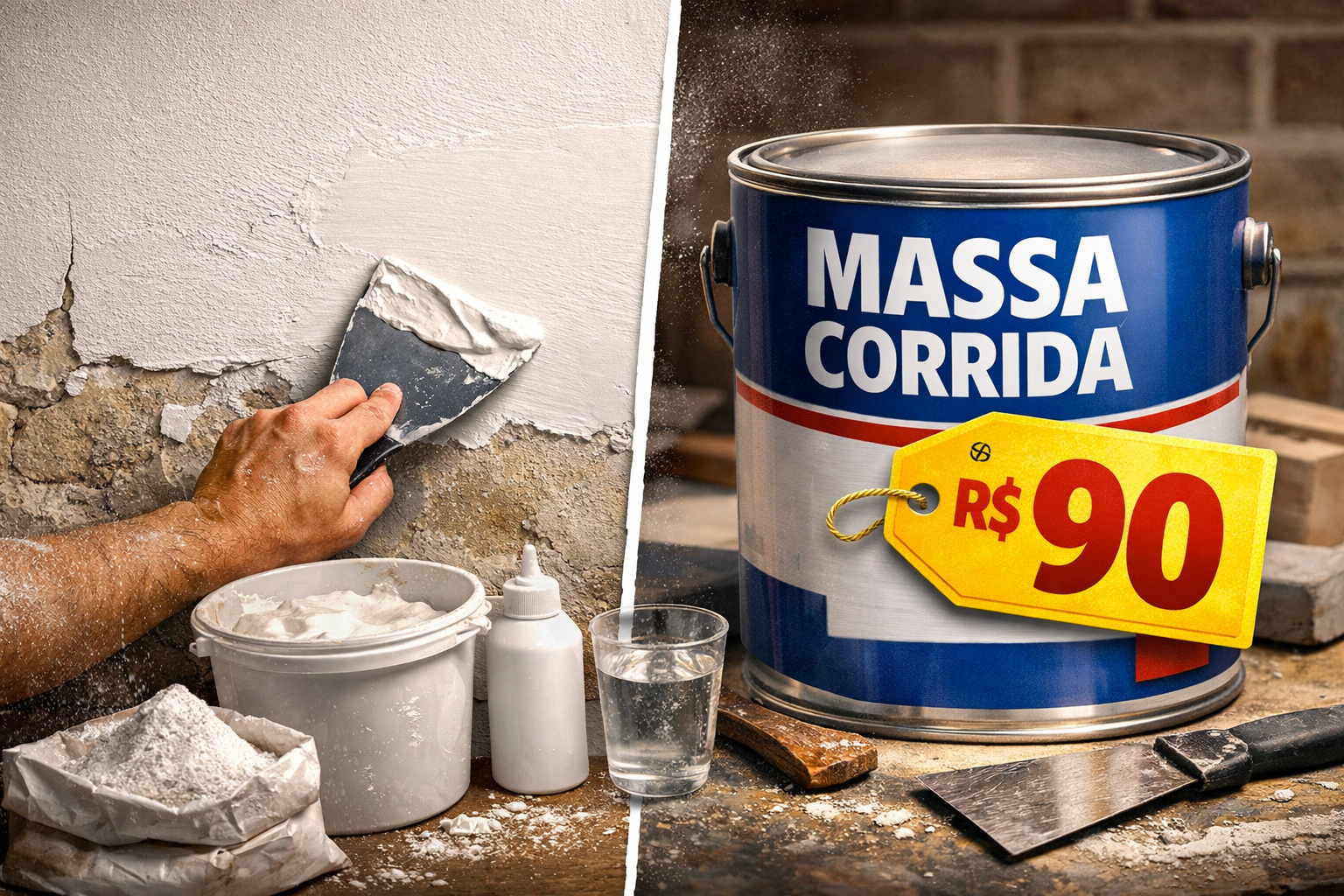 Uma “massa de nivelamento caseira” feita com gesso em pó, cola branca e água nivela paredes internas, cobre imperfeições e prepara a superfície para pintura por menos de R$ 15 por cômodo, enquanto uma lata de massa corrida industrializada para a mesma área custa até R$ R$ 90