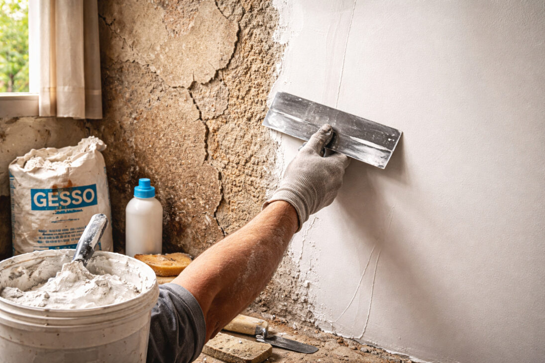 Una “masa de nivelación casera” hecha con yeso en polvo, cola blanca y agua nivela paredes internas, cubre imperfecciones y prepara la superficie para pintura por menos de R$ 15 por habitación, mientras que un envase de masa corrida industrializada para la misma área cuesta hasta R$ R$ 90