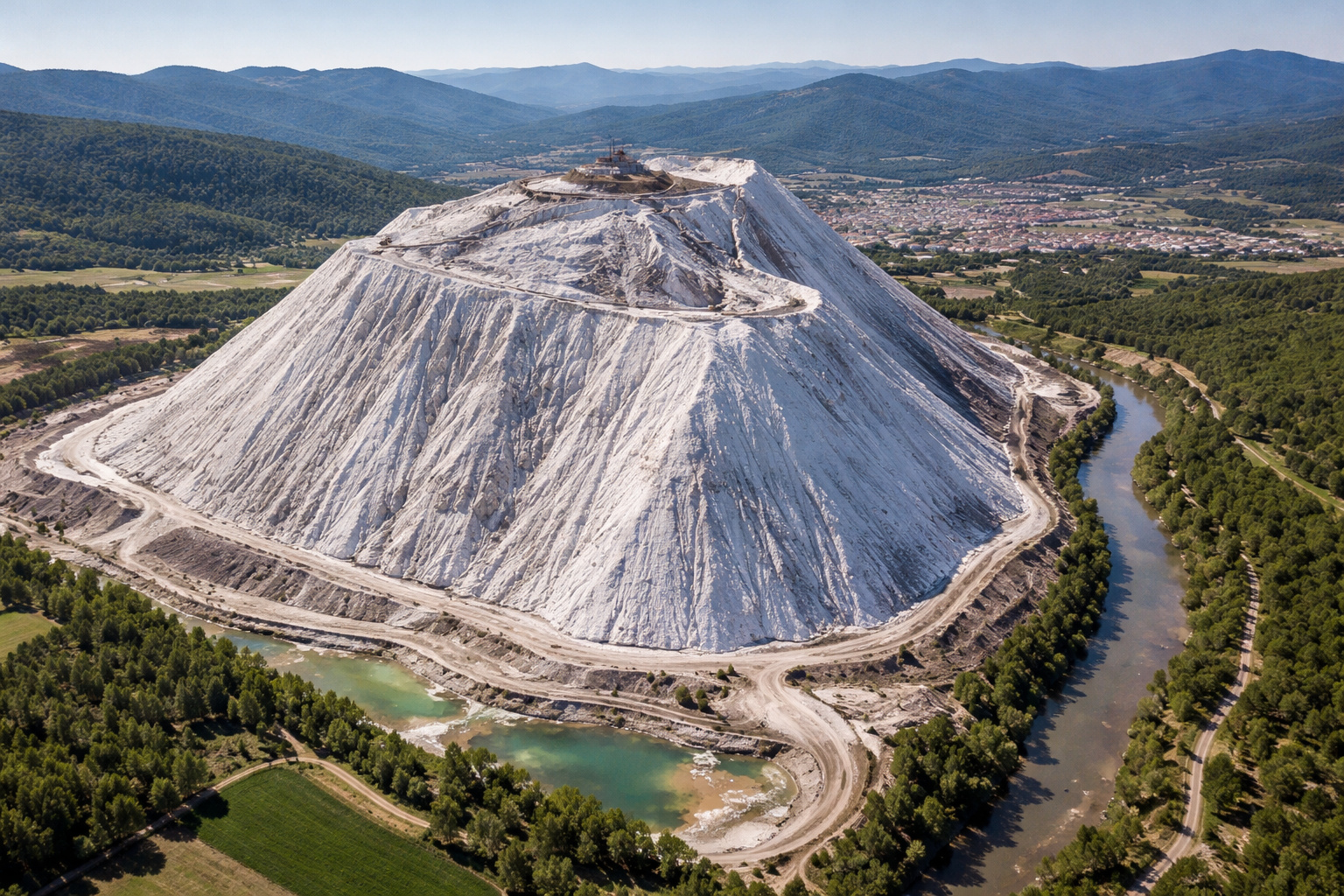 Com 1,5 km de comprimento e até 30 metros de altura, a pilha de resíduos El Cogulló já superou a montanha que lhe deu nome e se tornou a maior acumulação visível de sal e potassa da Europa — despejando resíduos salinos no Rio Llobregat há mais de um século