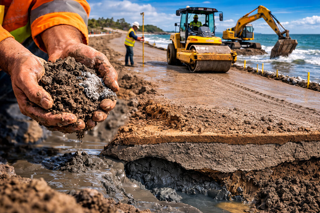 Mezclar lodo marino con arena y pequeñas cantidades de cemento puede transformar sedimentos costeros en un material llamado mudcrete utilizado en la construcción de carreteras y terraplenes: la mezcla estabiliza suelos blandos, aumenta la capacidad de carga del terreno y permite construir infraestructura en áreas donde el suelo natural no soportaría el peso de las obras