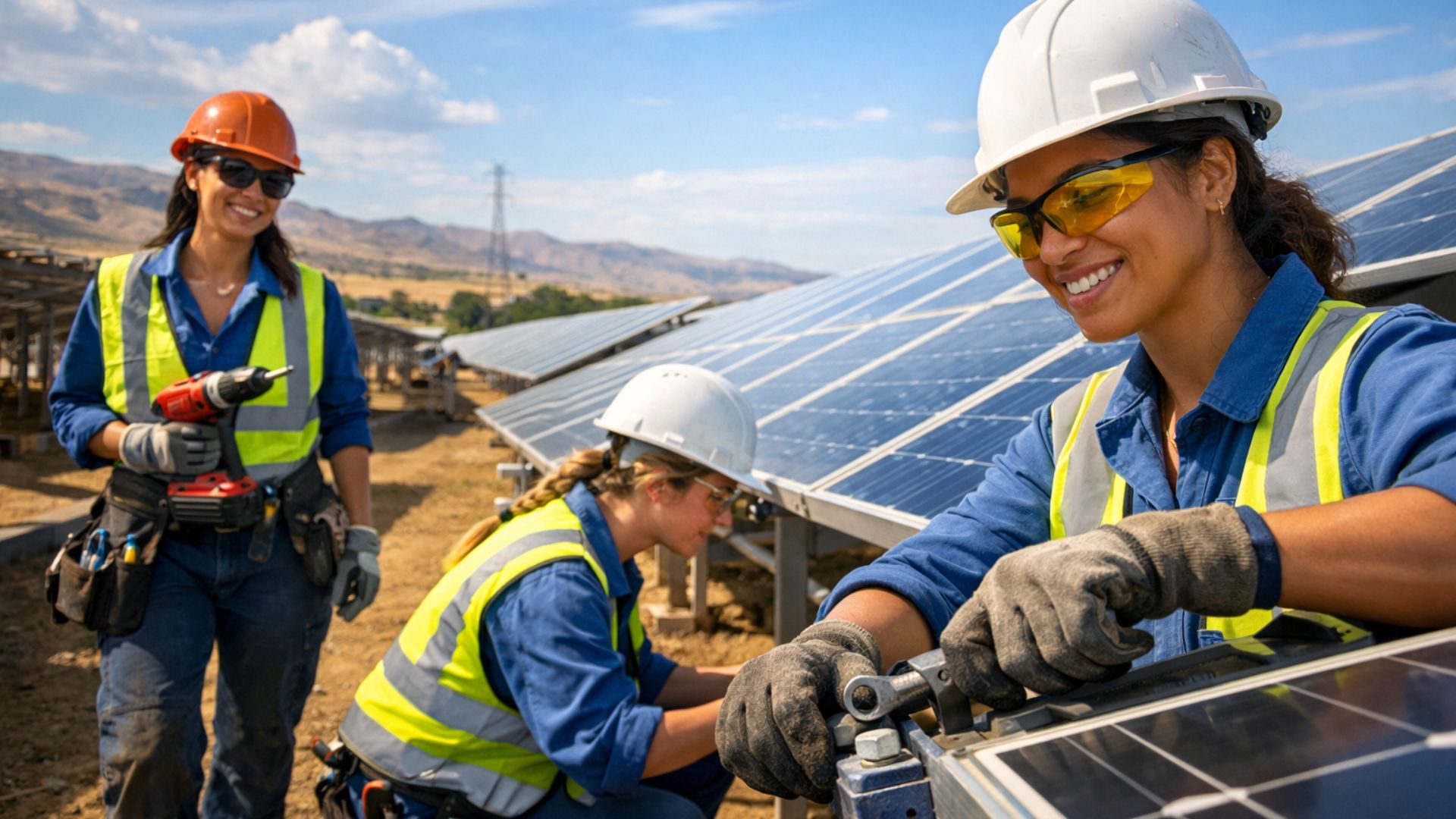 Mulheres trabalham na instalação de painéis fotovoltaicos em uma usina solar, usando capacetes e equipamentos de segurança durante a montagem dos módulos.