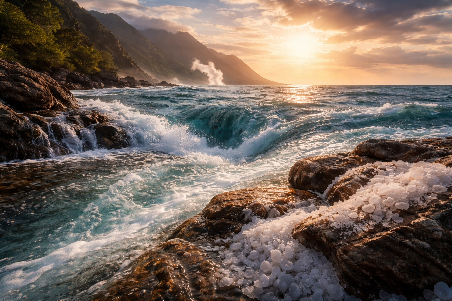 Rios desembocando no oceano enquanto minerais dissolvidos e sedimentos seguem para o mar, ilustrando o processo natural que mantém o equilíbrio da salinidade dos oceanos.