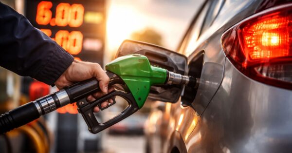 Carro sendo abastecido com gasolina em um posto de combustível, enquanto painel de preços aparece desfocado ao fundo, simbolizando a alta do petróleo internacional.