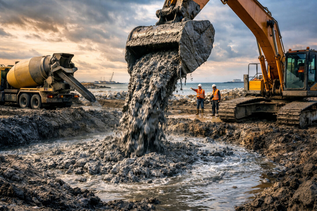 Mezclar lodo marino con arena y pequeñas cantidades de cemento puede transformar sedimentos costeros en un material llamado mudcrete utilizado en la construcción de carreteras y terraplenes: la mezcla estabiliza suelos blandos, aumenta la capacidad de carga del terreno y permite construir infraestructura en áreas donde el suelo natural no soportaría el peso de las obras