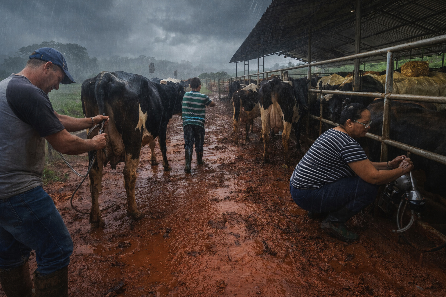 Produtor de leite trabalhando sob chuva intensa com curral alagado e vacas indo para ordenha.