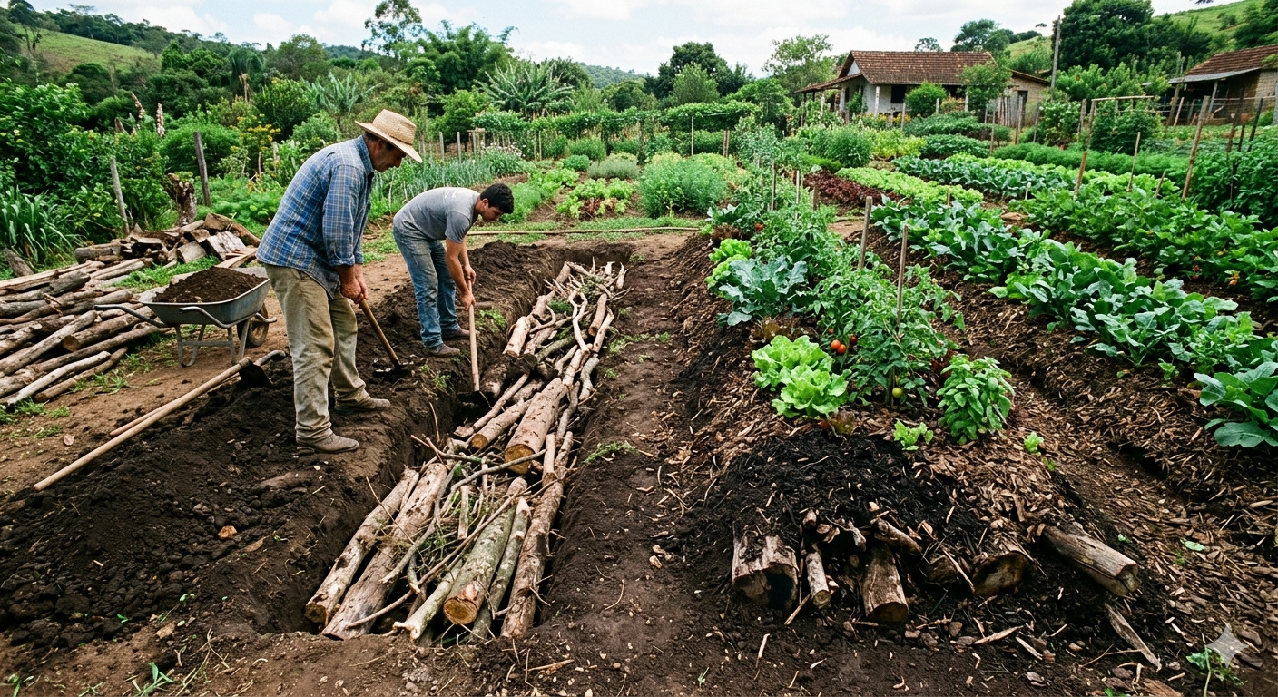Produtores rurais começaram a enterrar troncos e galhos sob os canteiros e criaram sistema natural que funciona como uma “esponja subterrânea”, absorvendo água da chuva e liberando lentamente para as plantas, reduzindo a irrigação e melhorando a fertilidade do solo em hortas e plantações