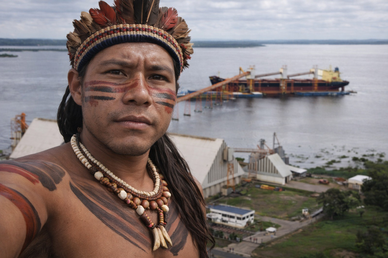 Indígenas protestando no terminal da Cargill em Santarém contra decreto 12.600 e dragagem no Tapajós.