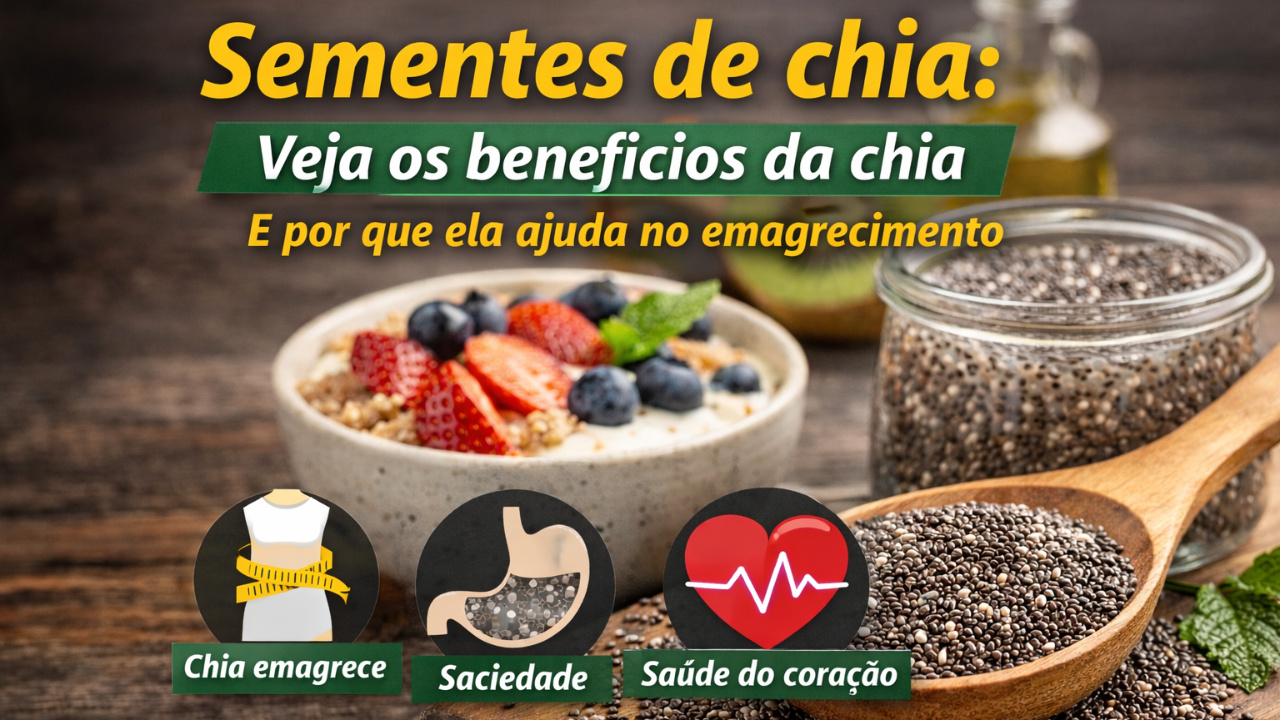 Sementes de chia ajudam na saciedade e no controle da glicose. Veja benefícios da chia, como consumir chia e se ela ajuda a emagrecer.