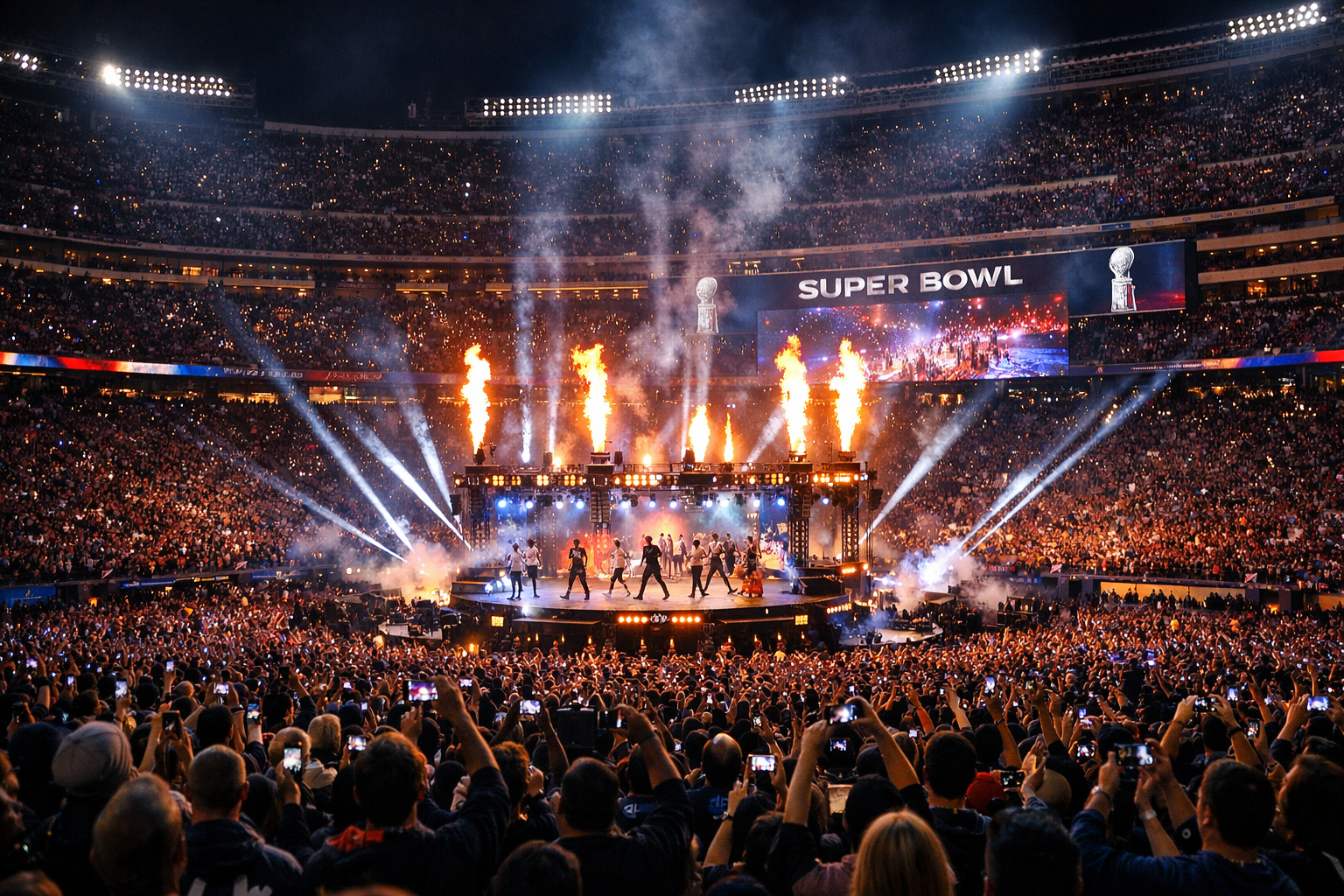 Estádio cheio durante o Super Bowl com show do intervalo