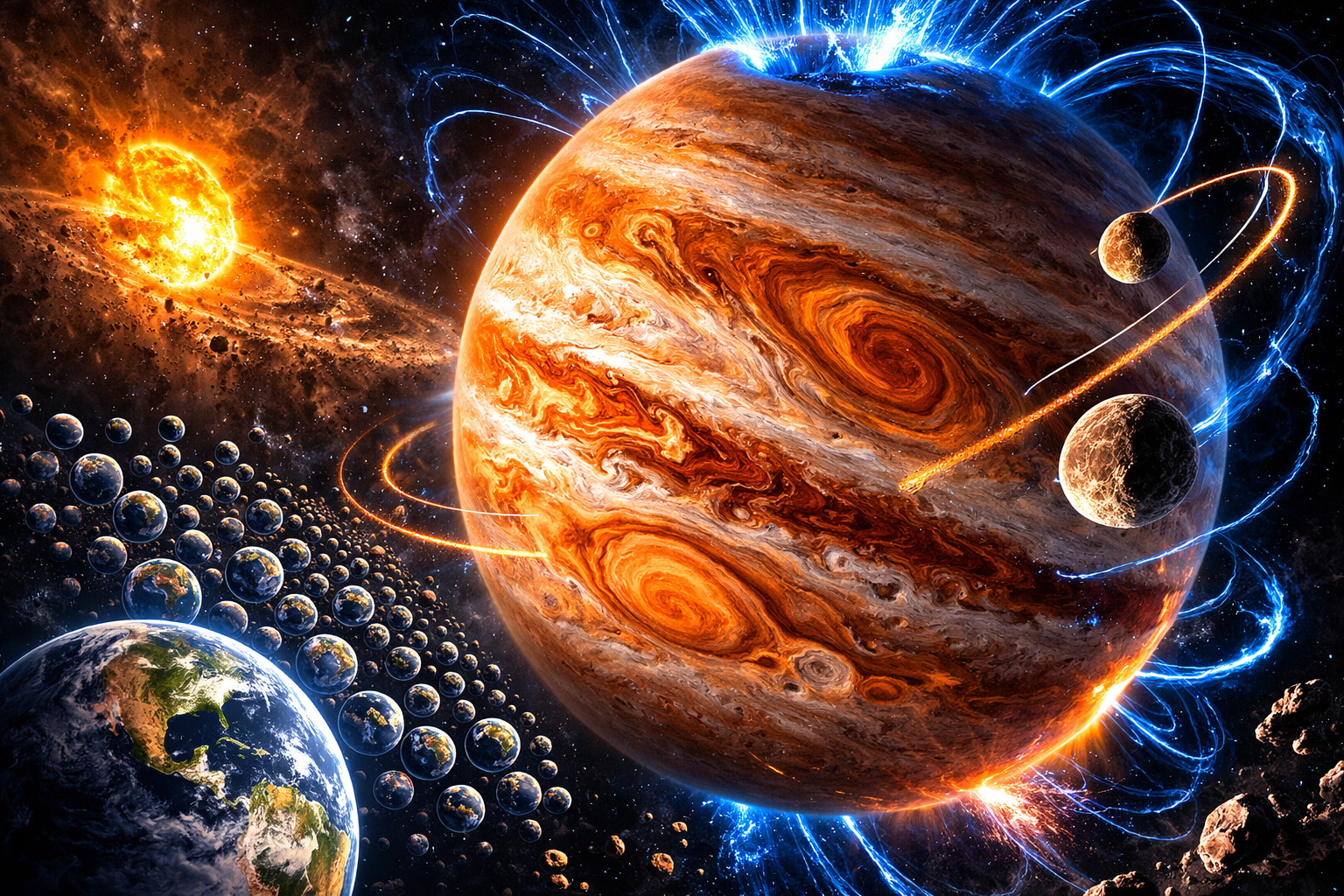 Durante décadas os astrônomos aceitaram que Júpiter sempre teve o tamanho atual, mas um estudo de dois astrofísicos calculou, pelas órbitas de duas pequenas luas, que o planeta já foi duas vezes maior, ocupou um volume equivalente a 2.000 Terras e gerou um campo magnético 50 vezes mais intenso, tudo isso cerca de 3,8 milhões de anos após o início da formação do Sistema Solar