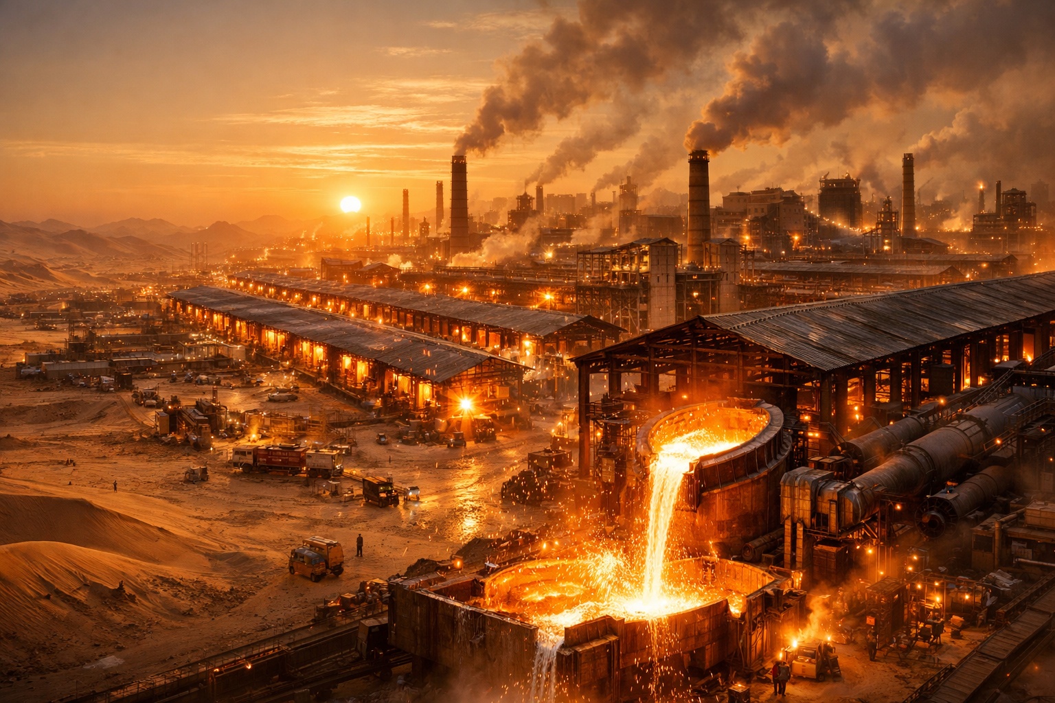 Arábia Saudita construiu no deserto um gigante do alumínio com 15 fornos operando 24 horas por dia e produção de 740 mil toneladas por ano; sua casa de fundição é tão grande que supera qualquer outra do mundo, transformando areia em metal para aviões, carros e celulares em um complexo industrial que virou uma cidade própria a 90 km da costa