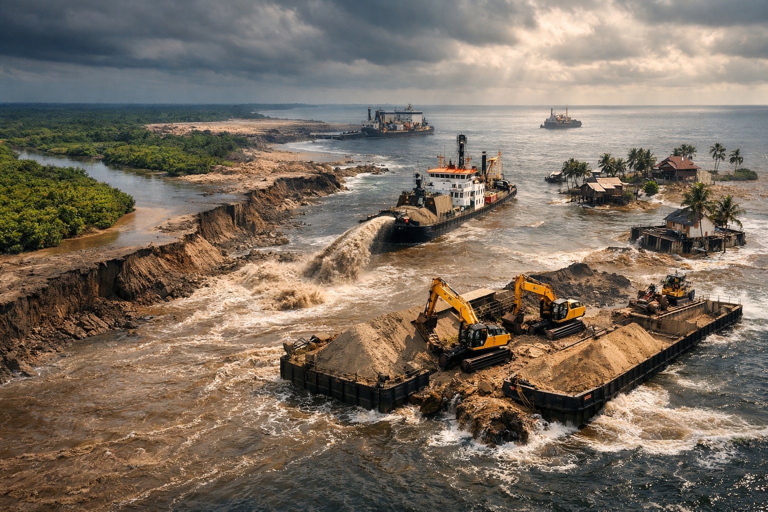 Geólogos documentam que a extração de areia de rios e oceanos já consome 50 bilhões de toneladas por ano, o dobro do que os rios conseguem repor, criando um déficit que destrói deltas fluviais, apaga ilhas costeiras do mapa e remove do fundo do mar o material que sustentou cidades por milênios