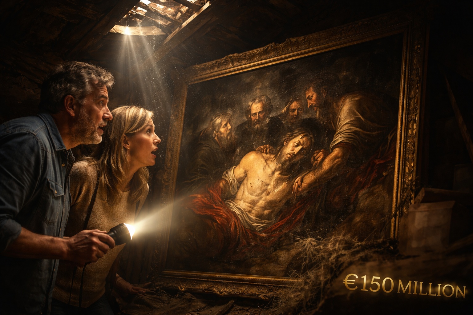 Família francesa abriu sótão selado para consertar uma goteira no telhado, encontrou pintura de 1607 atribuída a Caravaggio avaliada em €150 milhões; o Louvre recusou a compra e a obra foi vendida a um colecionador americano dois dias antes do leilão em 2019