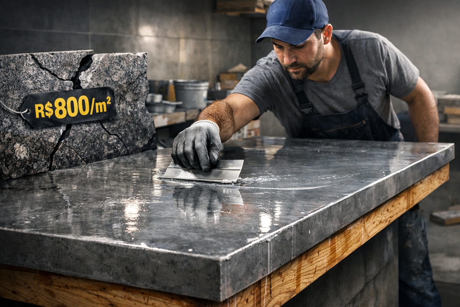 Granito de R$ 800 perde espaço: pedreiro faz bancada de cimento queimado sobre compensado estrutural por menos de R$ 300, aplica resina epóxi e entrega acabamento impermeável de alta resistência
