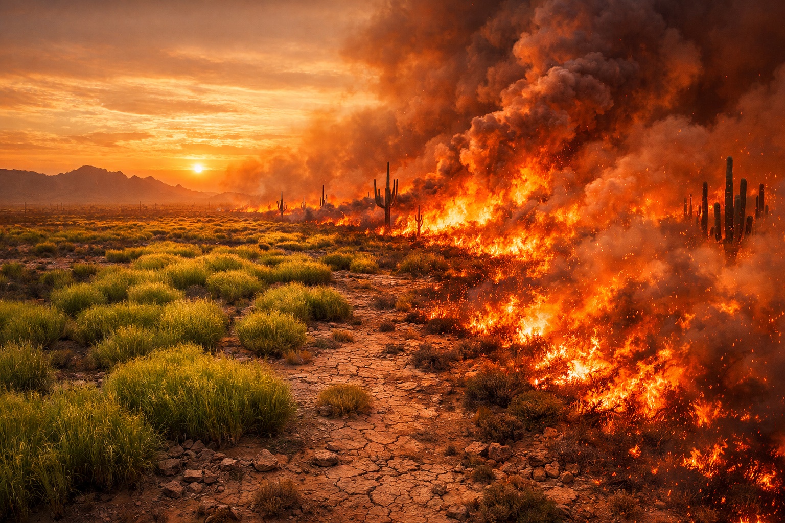 Os EUA plantaram capim-buffel no Deserto de Sonora para conter a erosão em solos áridos, criaram sem querer um corredor contínuo de combustível vegetal em um ecossistema que quase não registrava incêndios naturais por mais de 250 anos e hoje enfrentam o colapso de uma paisagem que levou milênios para se formar