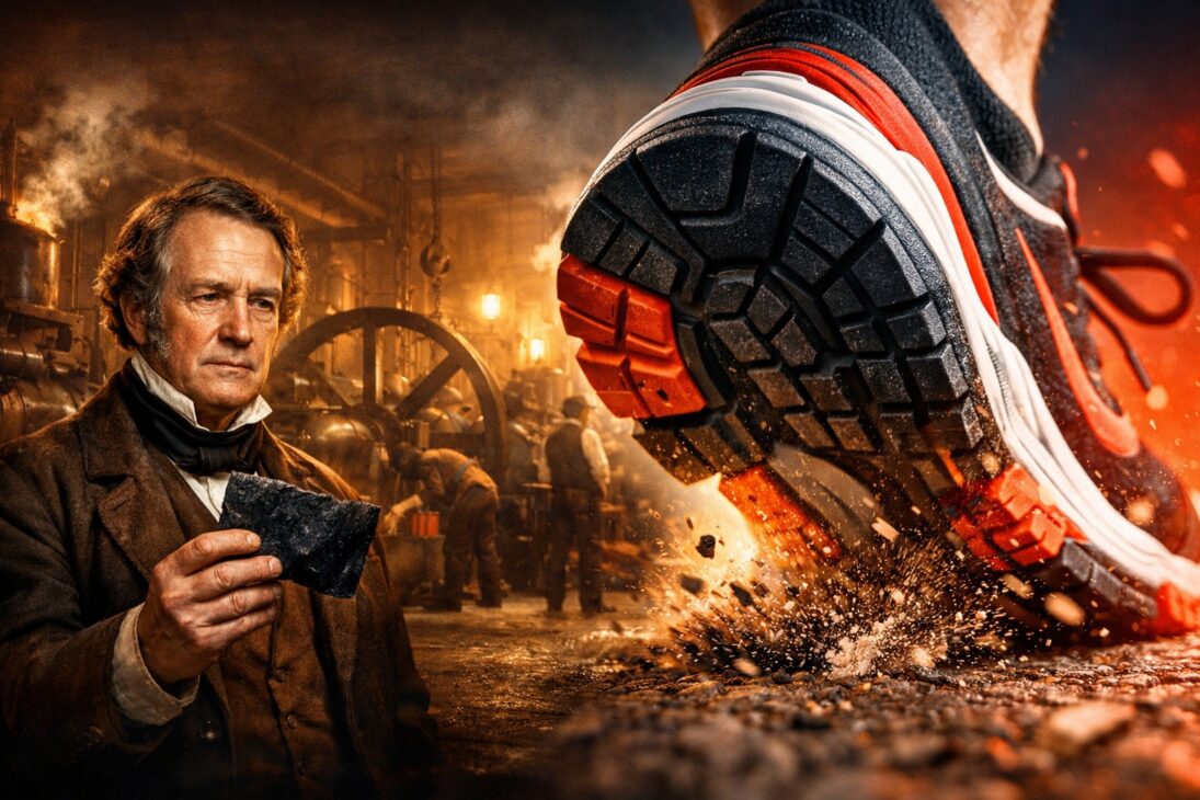 Pocas personas saben, pero la suela de goma de la zapatilla de carrera surgió de un material creado por Charles Goodyear en 1844 para proteger máquinas industriales y solo décadas después fue adaptada para calzado cuando los fabricantes se dieron cuenta de que absorbía impacto mejor que cuero o madera