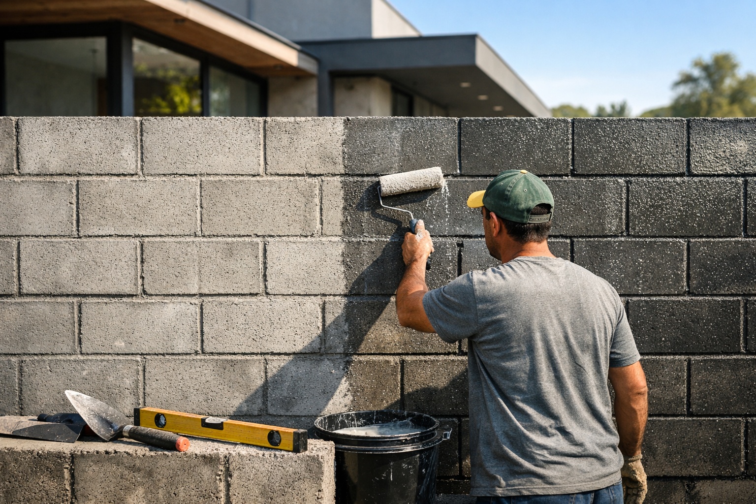 Morador assenta bloco de concreto aparente, aplica selador transparente de R$ 120 o galão, elimina reboco e pintura e cria muro sem manutenção que construtoras cobram caro para reproduzir em projetos de arquitetura