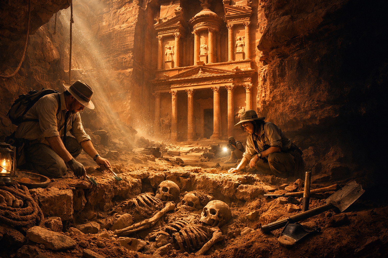 O templo que ficou famoso em Indiana Jones guardava um segredo enterrado há 2 mil anos: arqueólogos descobriram 12 esqueletos humanos sob Al-Khazneh, o Tesouro de Petra esculpido em arenito vermelho na Jordânia, revelando os primeiros restos mortais já encontrados sob o monumento mais icônico da antiga cidade nabateia