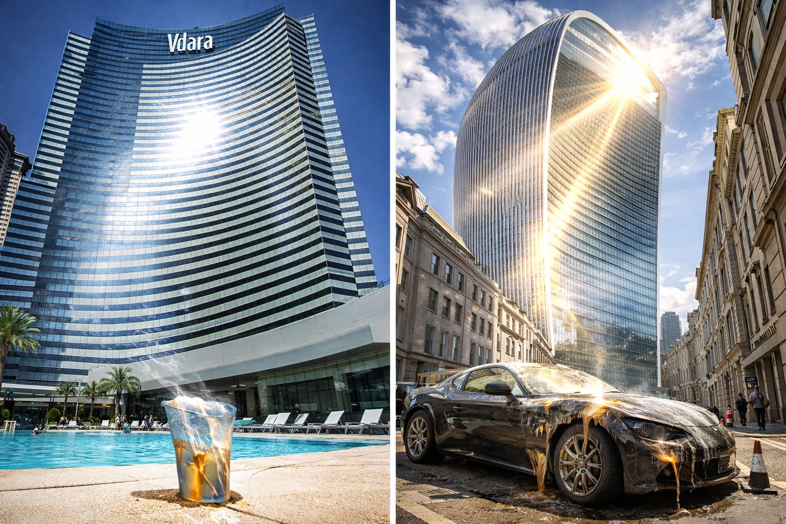 Poucos lembram, mas o arquiteto que projetou o prédio que derreteu carros em Londres já havia criado antes um hotel em Las Vegas cuja fachada côncava de vidro funcionava como lente parabólica, derretia copos plásticos, queimava o couro cabeludo de hóspedes na piscina e era chamada internamente de “raio da morte”