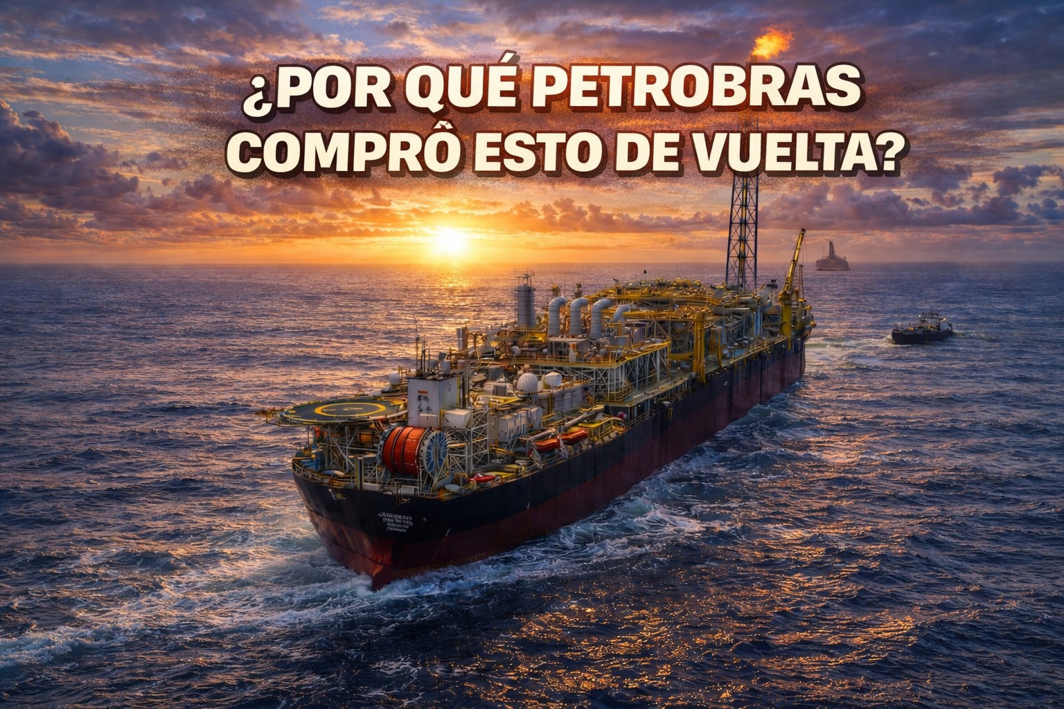 Buque FPSO de Petrobras en el mar durante el atardecer, representando la recompra de campos petroleros y su impacto en el sector energético de Brasil